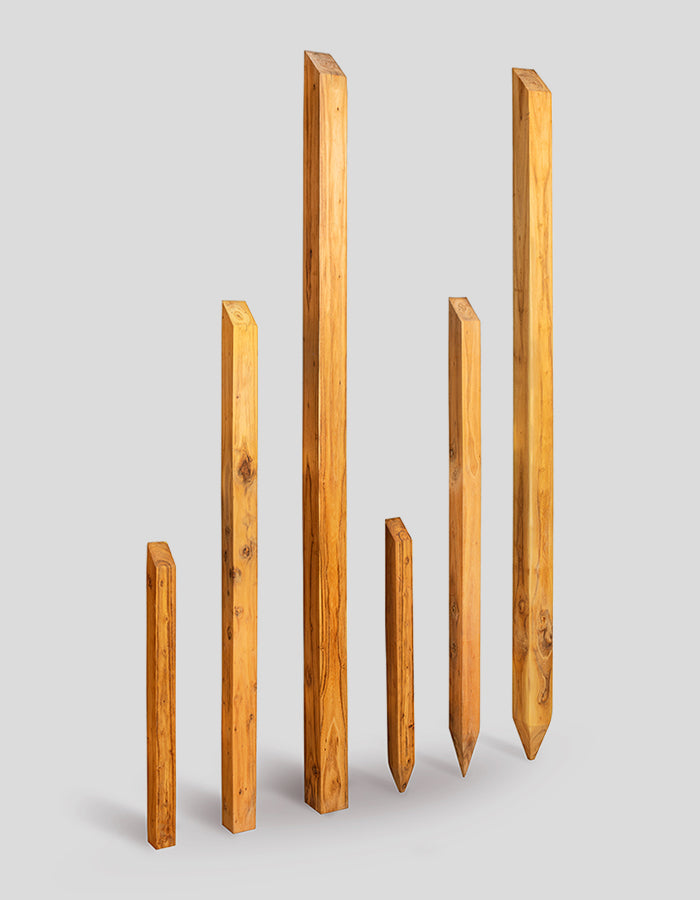 Vierkante palen, geschuurd en aan de bovenkant afgeschuind, gemaakt van robiniahout.