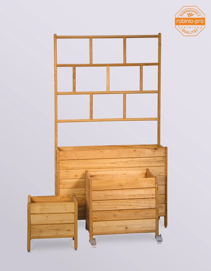 Houten plantenbak, ook verkrijgbaar met klimrek en privacyscherm.