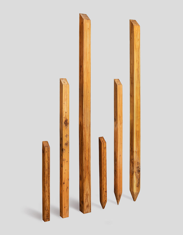 Vierkante palen, ruw gezaagd, afgeschuind aan de bovenkant, gemaakt van robiniahout.