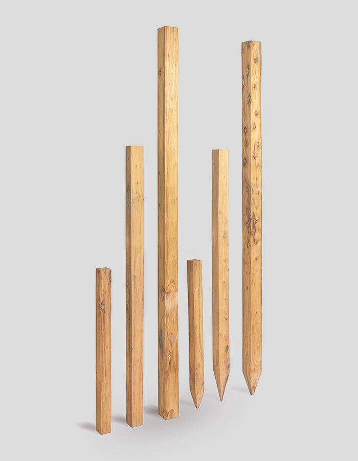 Vierkante palen, geschaafd en afgeschuind, recht aan de bovenkant, gemaakt van robiniahout.