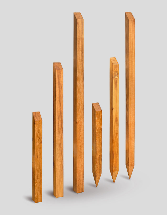 Vierkante palen, geschaafd en afgeschuind, met een afgeschuinde bovenkant, gemaakt van robiniahout.