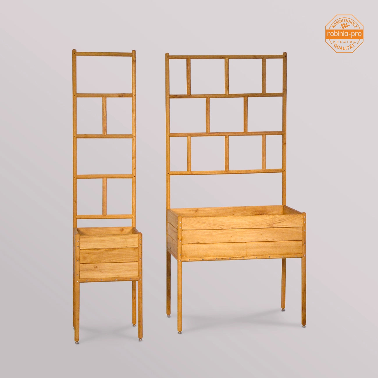 Robinia Pro plantenbak op poten, met klassiek klimrek.