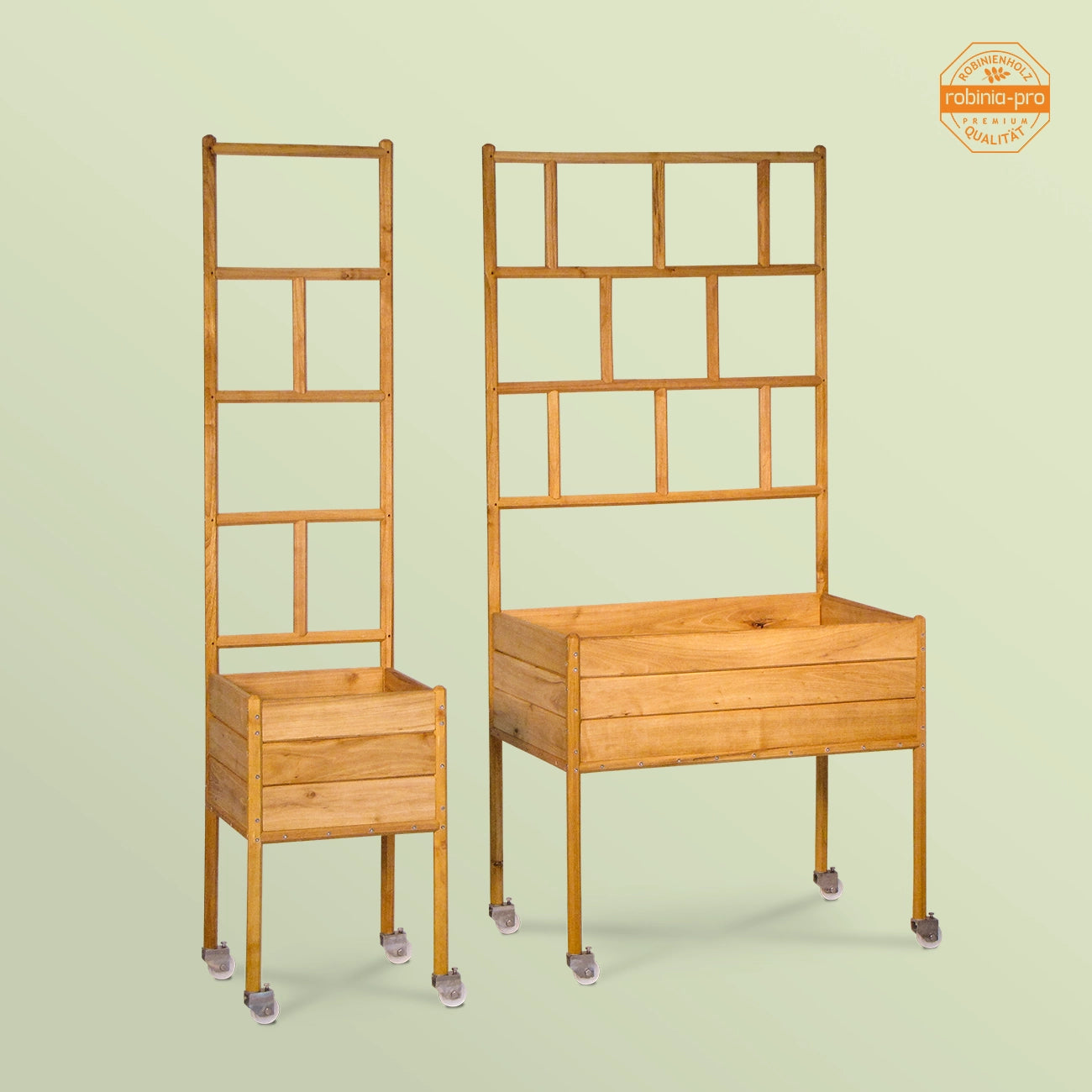 Robinia-Pro plantenbak op poten en wielen, met klassiek klimrek.