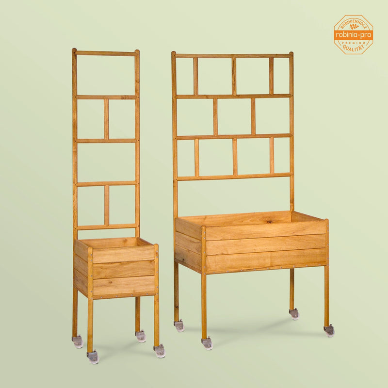 Robinia-Pro plantenbak op poten en wielen, met klassiek klimrek.