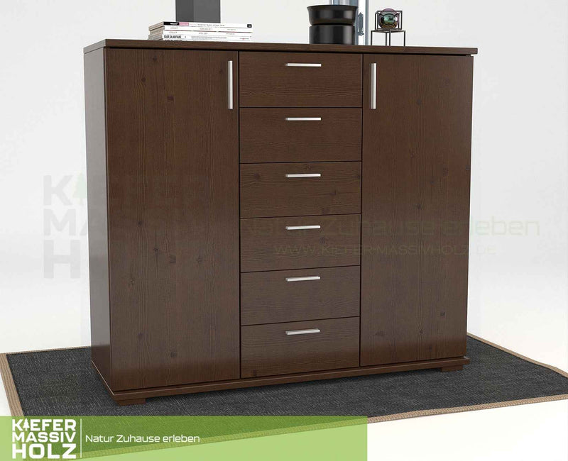 Nobis Kommode aus massivem Kiefernholz | Sideboard mit 2 Türen und 6 Schubladen | 107 cm hoch | 100% Bio Kiefer Massivholz