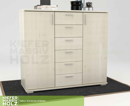 Nobis Kommode aus massivem Kiefernholz | Sideboard mit 2 Türen und 6 Schubladen | 107 cm hoch | 100% Bio Kiefer Massivholz