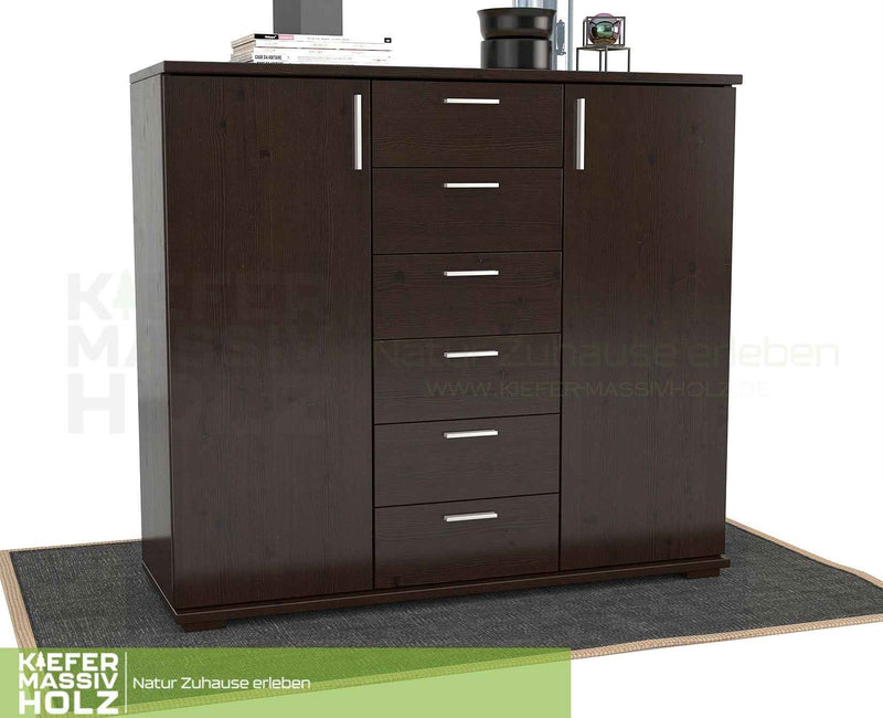 Nobis Kommode aus massivem Kiefernholz | Sideboard mit 2 Türen und 6 Schubladen | 107 cm hoch | 100% Bio Kiefer Massivholz