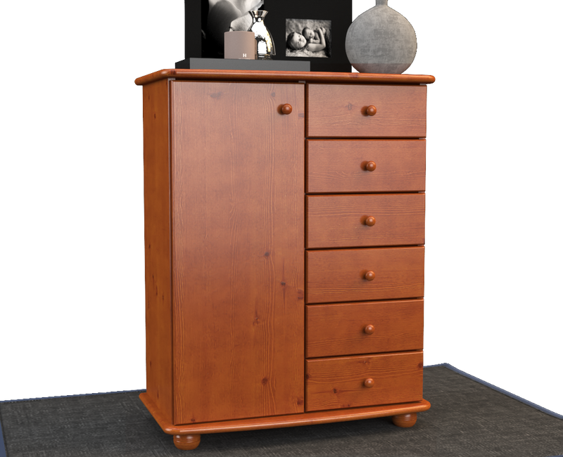 Anika Kommode 100% Bio Kiefer Massivholz | Sideboard mit 6 Schubladen und 1 Tür aus solidem Holz