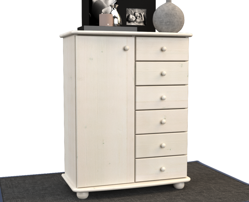 Anika Kommode 100% Bio Kiefer Massivholz | Sideboard mit 6 Schubladen und 1 Tür aus solidem Holz