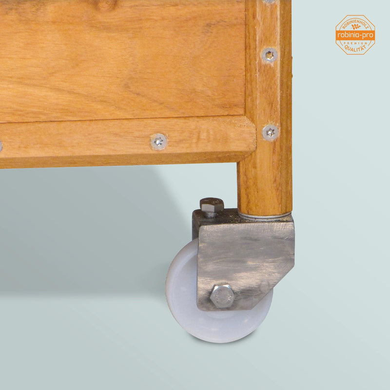 Robinia-Pro plantenbak op poten en wielen, met klassiek klimrek.