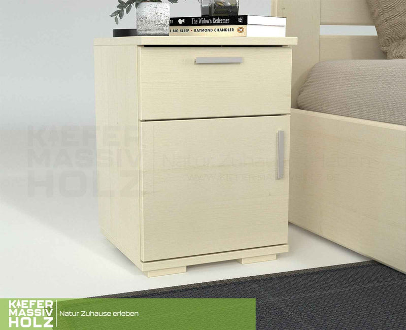 Nobis Kiefer Nachttisch | Massivholz Nachtschrank mit 1 Schublade und 1 Tür | 100% Bio Kiefer