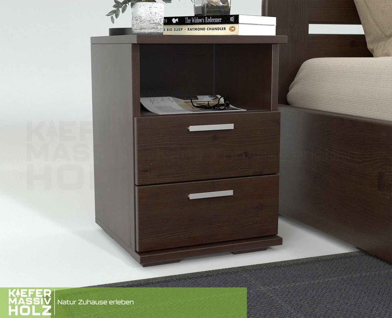 Nobis Nachttisch Kiefer massiv | 2-Schubladen Nachtschrank mit Regal | 100% Bio Kiefer