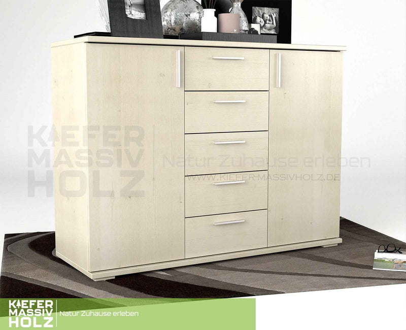 Nobis Kommode Bio Kiefer Massivholz 120-er | 5-Schubladen Sideboard | 2-Türig Anrichte