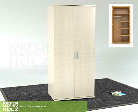 Nobis Kleiderschrank Bio Kiefer | 2-Türig mit Kleiderstange und Regalen aus 100% massivem Holz