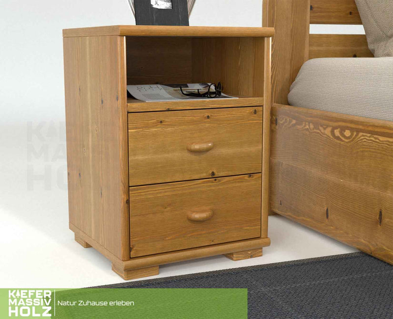Vanessa Kiefer Massivholz Nachttisch Kiefer mit 2 Schubladen und 1 Regal aus 100% Bio Kiefer