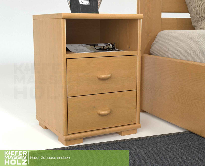 Vanessa Kiefer Massivholz Nachttisch Kiefer mit 2 Schubladen und 1 Regal aus 100% Bio Kiefer